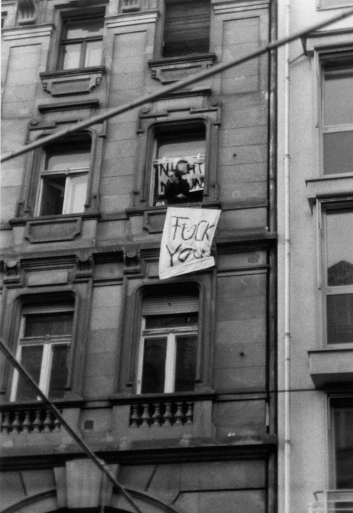 FuckYou The banner behind him reads "Nicht mit uns"--"not with us." Photo: Daniel Mufson.